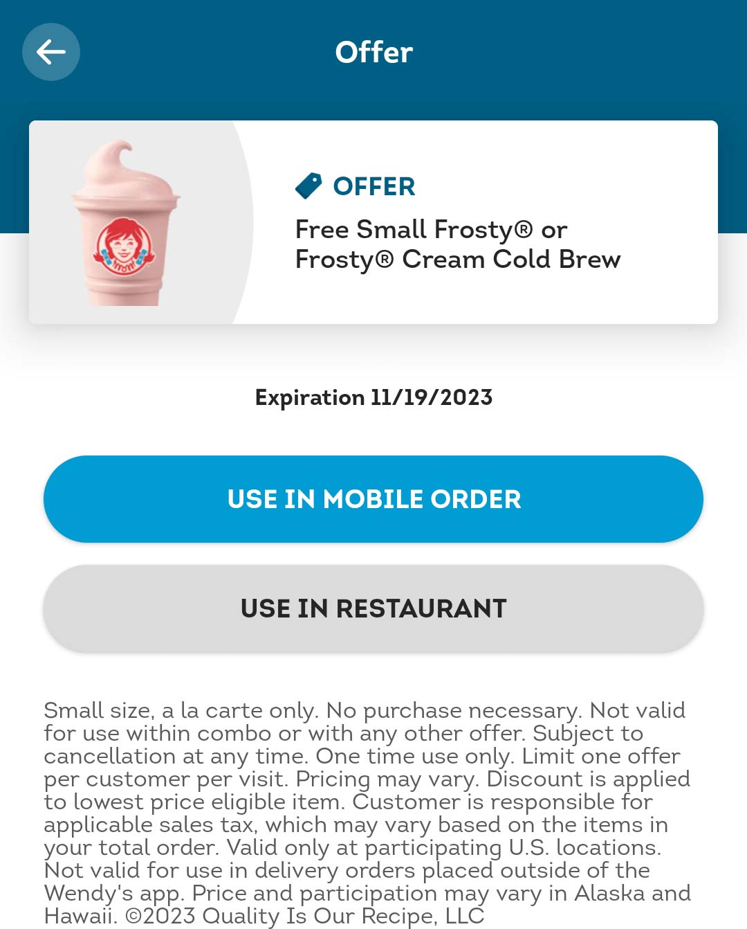 Free peppermint frosty or cold brew via mobile today at Wendys restaurants #wendys