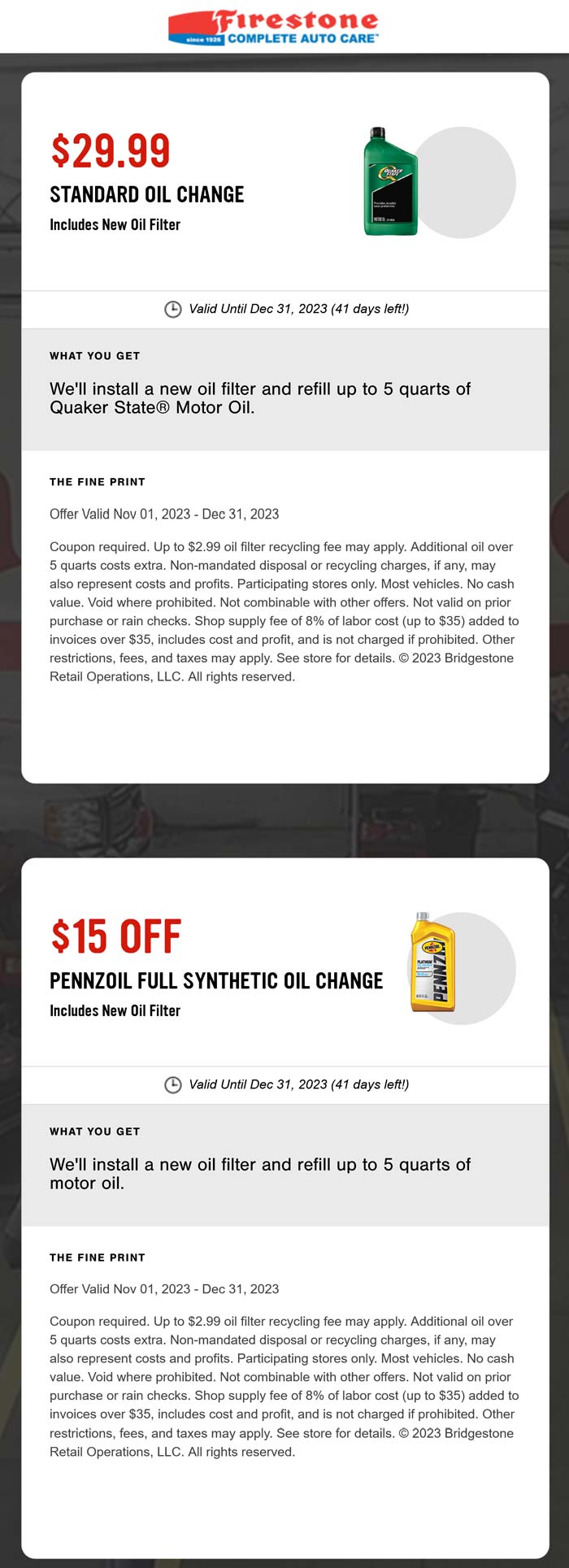 Firestone stores Coupon  $30 oil change or $15 off a synthetic at Firestone #firestone 