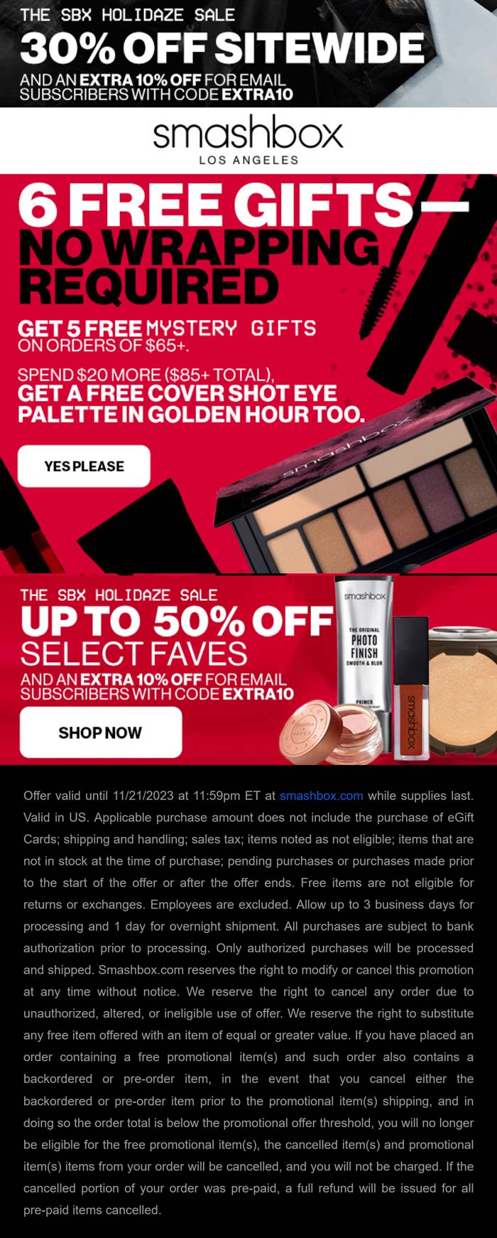 Smashbox stores Coupon  40% off & 6 free gifts on $65 at Smashbox cosmetics via promo code EXTRA10 #smashbox 