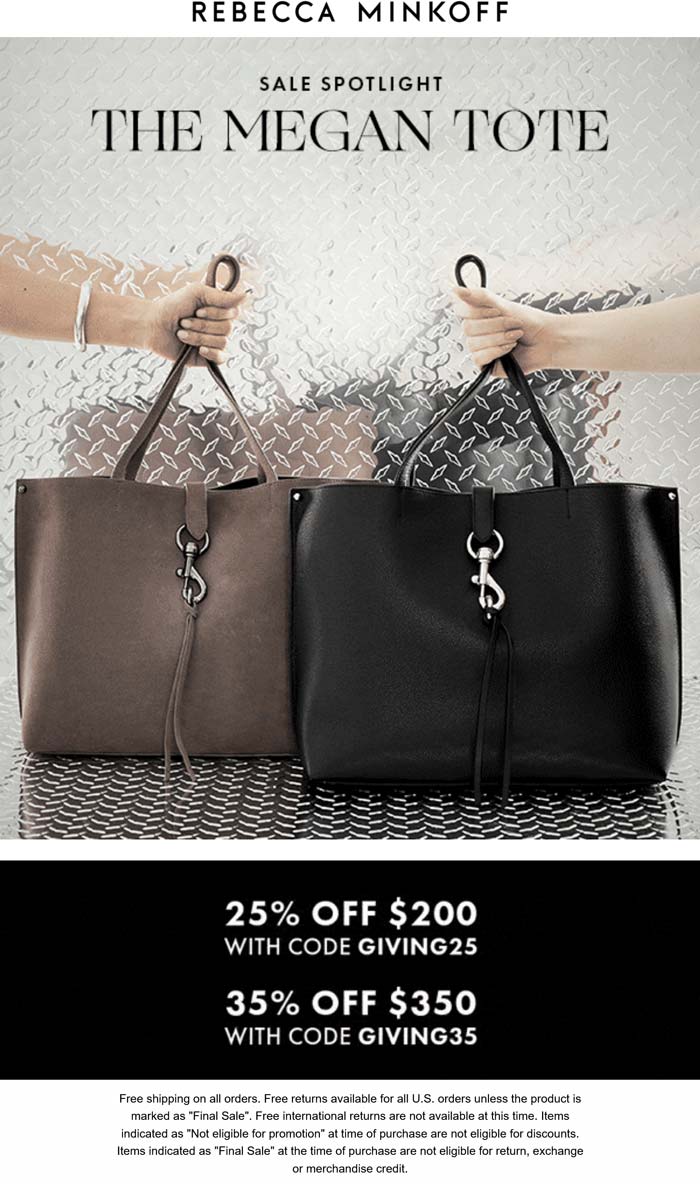 Rebecca Minkoff stores Coupon  25-35% off $200+ at Rebecca Minkoff via promo code GIVING25 #rebeccaminkoff 