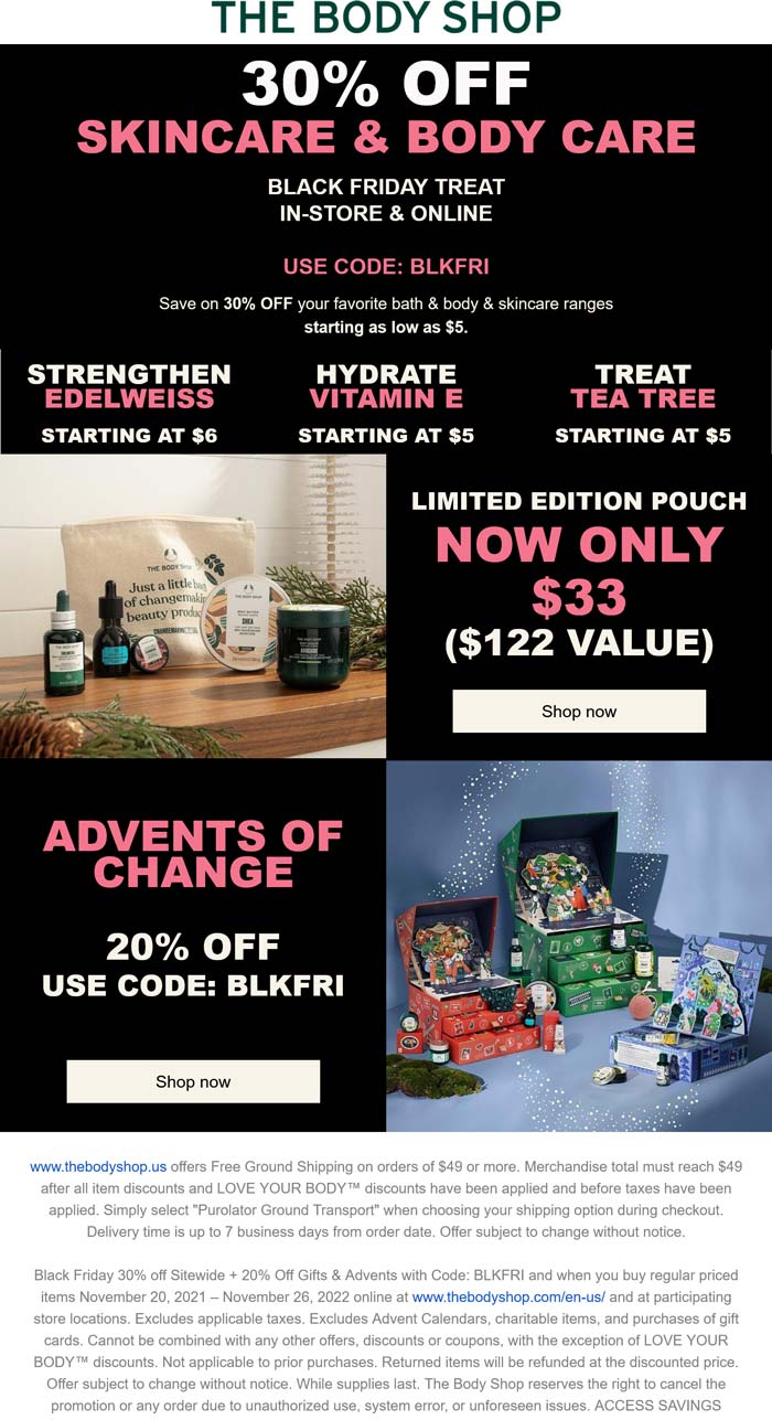 30% off everything & 20% off gift sets at The Body Shop, or online via promo code BLKFRI #thebodyshop