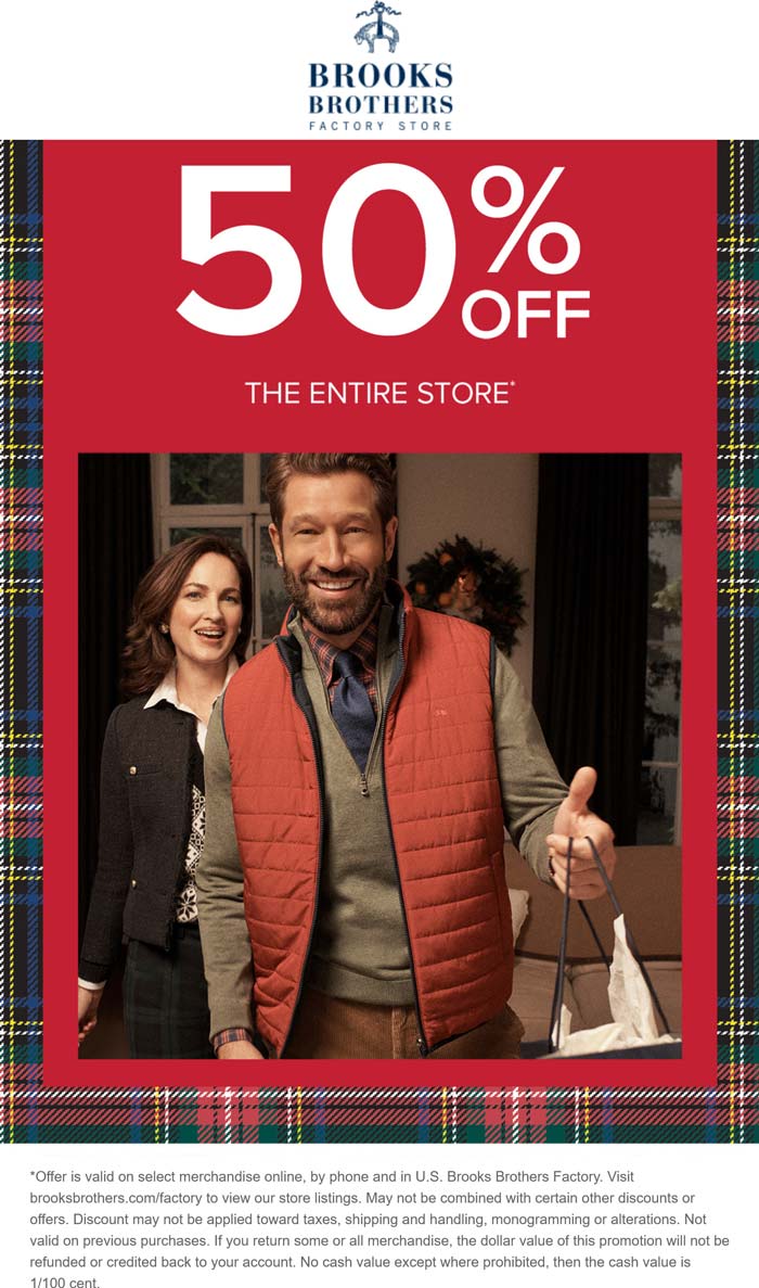 50% off everything at Brooks Brothers Factory Store, ditto online #brooksbrothersfactorystore