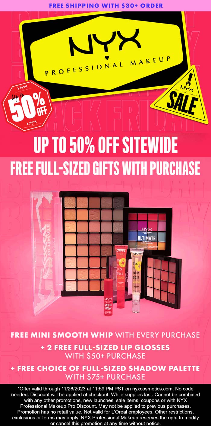 NYX Professional Makeup stores Coupon  Free full size gifts on $50+ online at NYX Professional Makeup #nyxprofessionalmakeup 