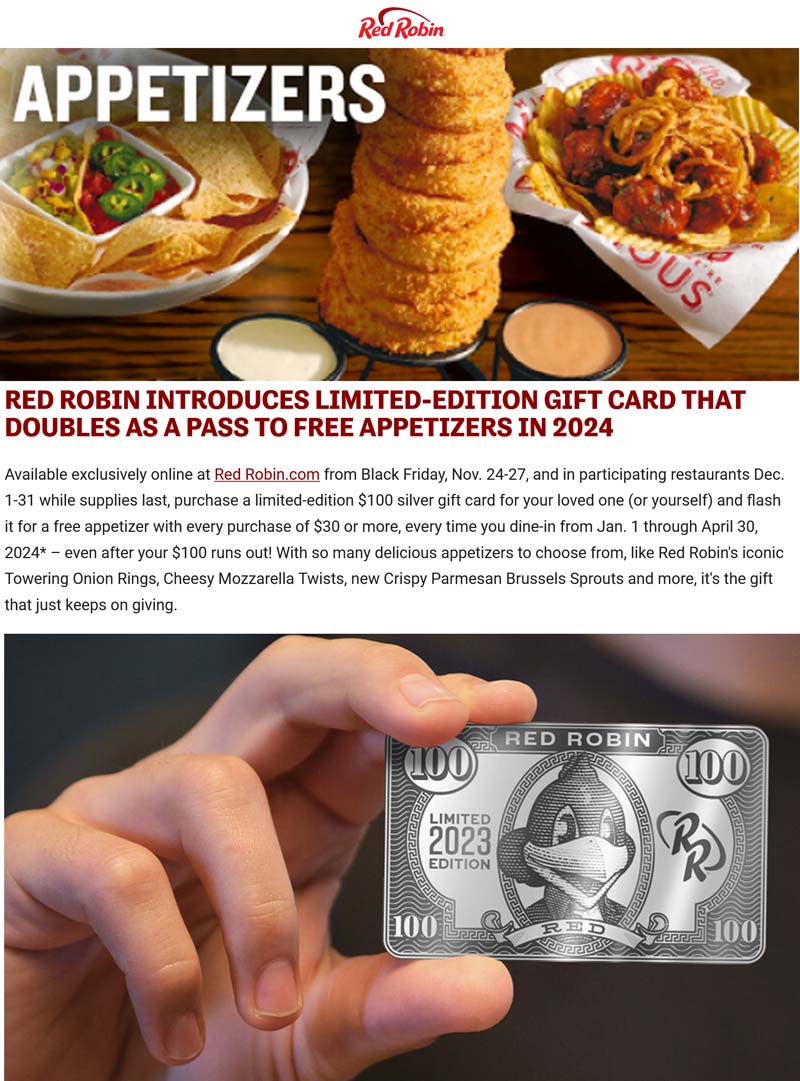 Red Robin restaurants Coupon  Free appetizer on $30 daily with your $100 gift card purchase at Red Robin #redrobin 