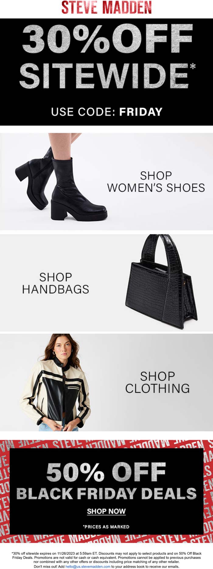 Steve Madden stores Coupon  30% off everything online at Steve Madden via promo code FRIDAY #stevemadden 