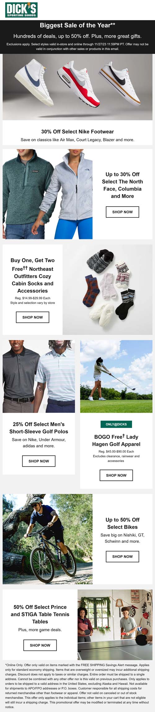 30% off Nike shoes, 50% off bikes, bogo golf apparel & more today at Dicks sporting goods #dicks