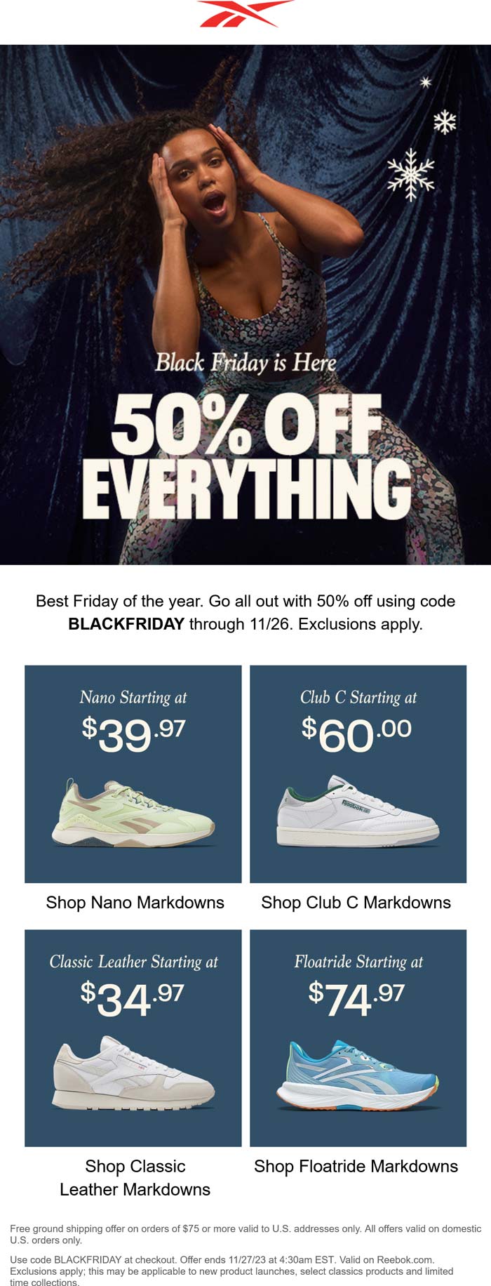 Reebok stores Coupon  50% off everything at Reebok via promo code BLACKFRIDAY #reebok 