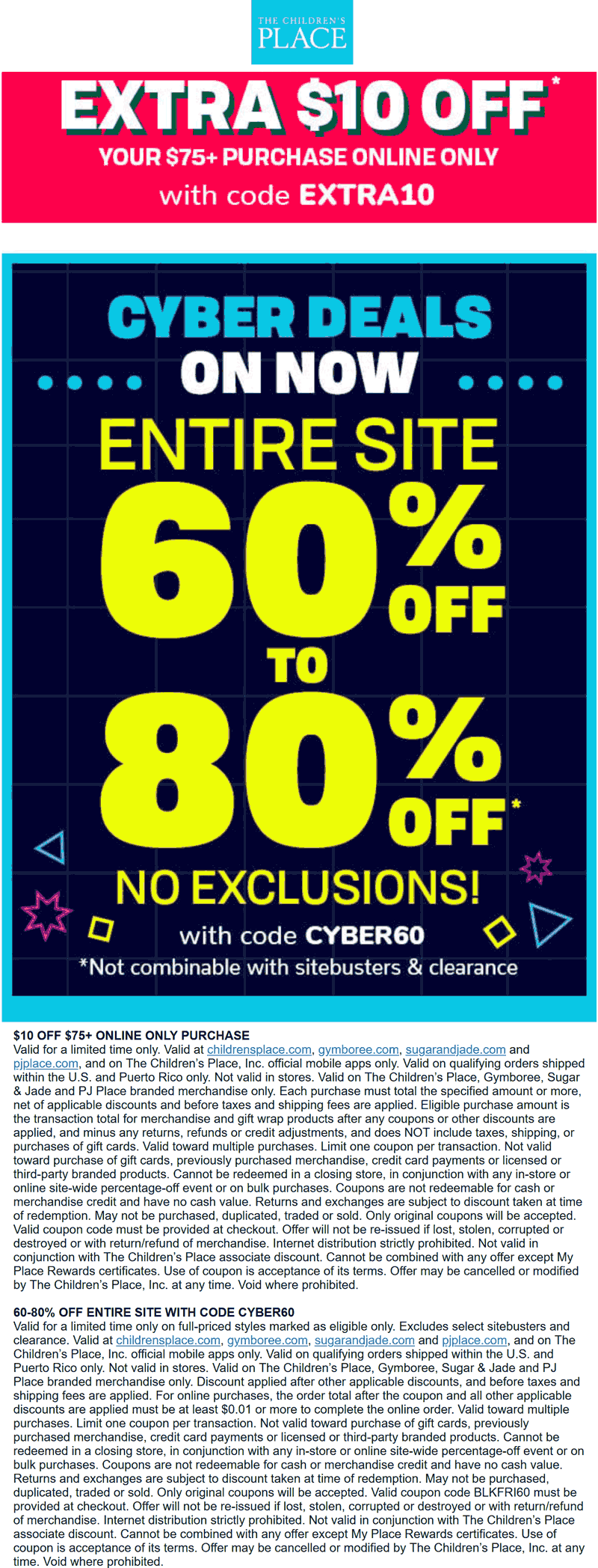 60-80% off everything + another $10 off $75 at The Childrens Place via promo code CYBER60 and EXTRA10 #thechildrensplace