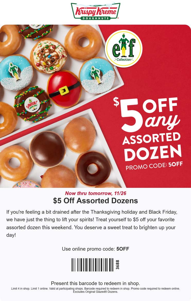 $5 off any assorted dozen doughnuts at Krispy Kreme, or online via promo code 5OFF #krispykreme