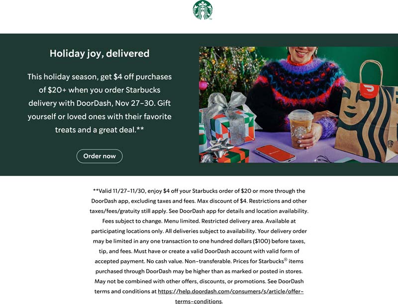 Starbucks restaurants Coupon  $4 off $20 via delivery at Starbucks coffee #starbucks 