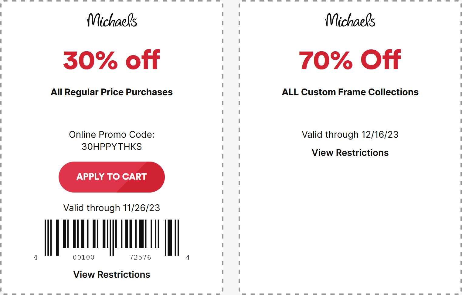Michaels stores Coupon  30% off today at Michaels, or online via promo code 30HPPYTHKS #michaels 