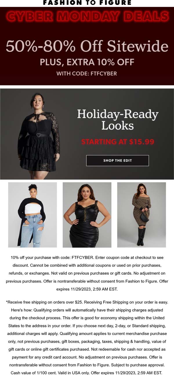 Fashion to Figure stores Coupon  60-90% off everything online at Fashion to Figure via promo code FTFCYBER #fashiontofigure 