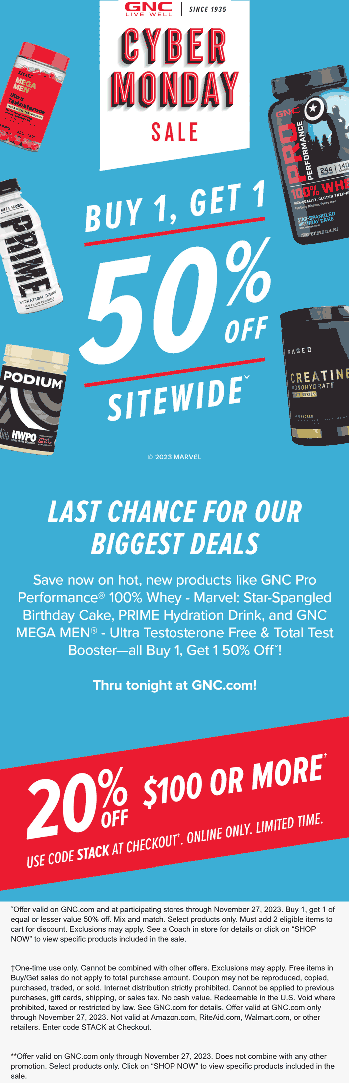 GNC stores Coupon  Second item 50% off + $20 off $100 today at GNC via promo code STACK #gnc 