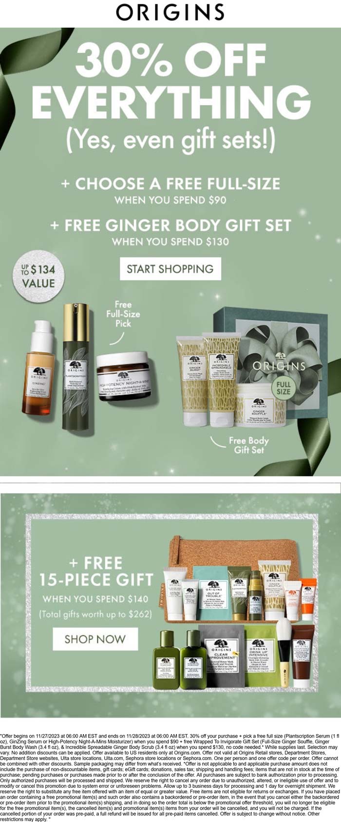 Origins stores Coupon  30% off + free full size on $90 & more today at Origins #origins 