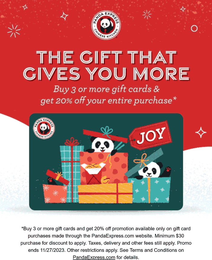 Panda Express restaurants Coupon  20% off with your gift card purchase today at Panda Express restaurants #pandaexpress 