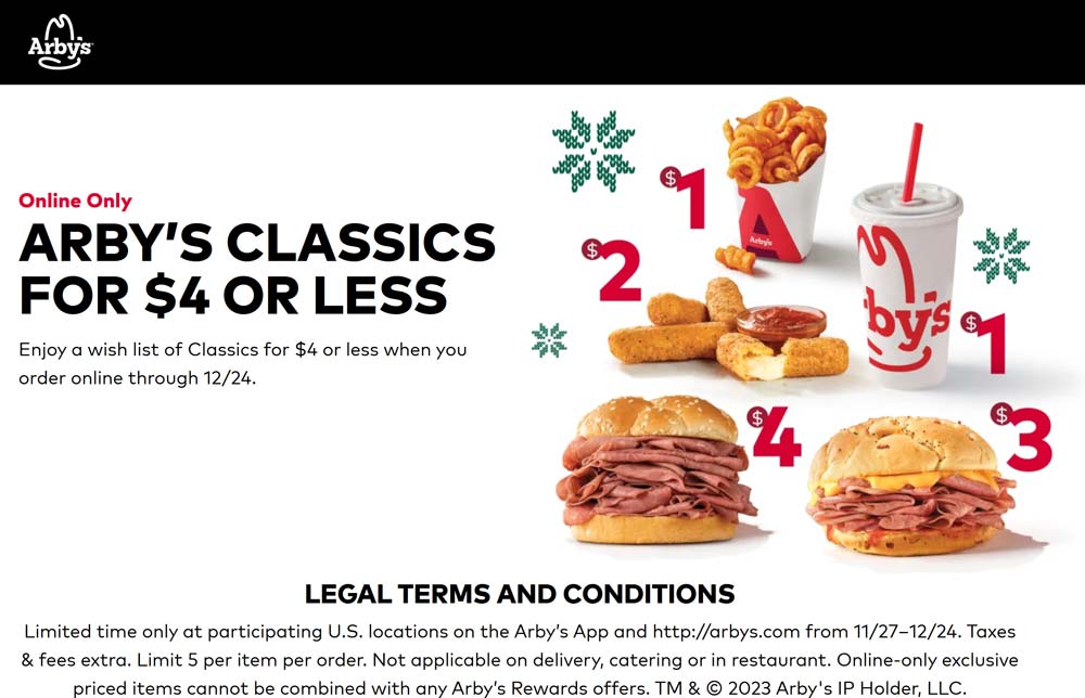 Arbys restaurants Coupon  Double beef, beef n cheddar & more classics are $4 or less at Arbys restaurants #arbys 