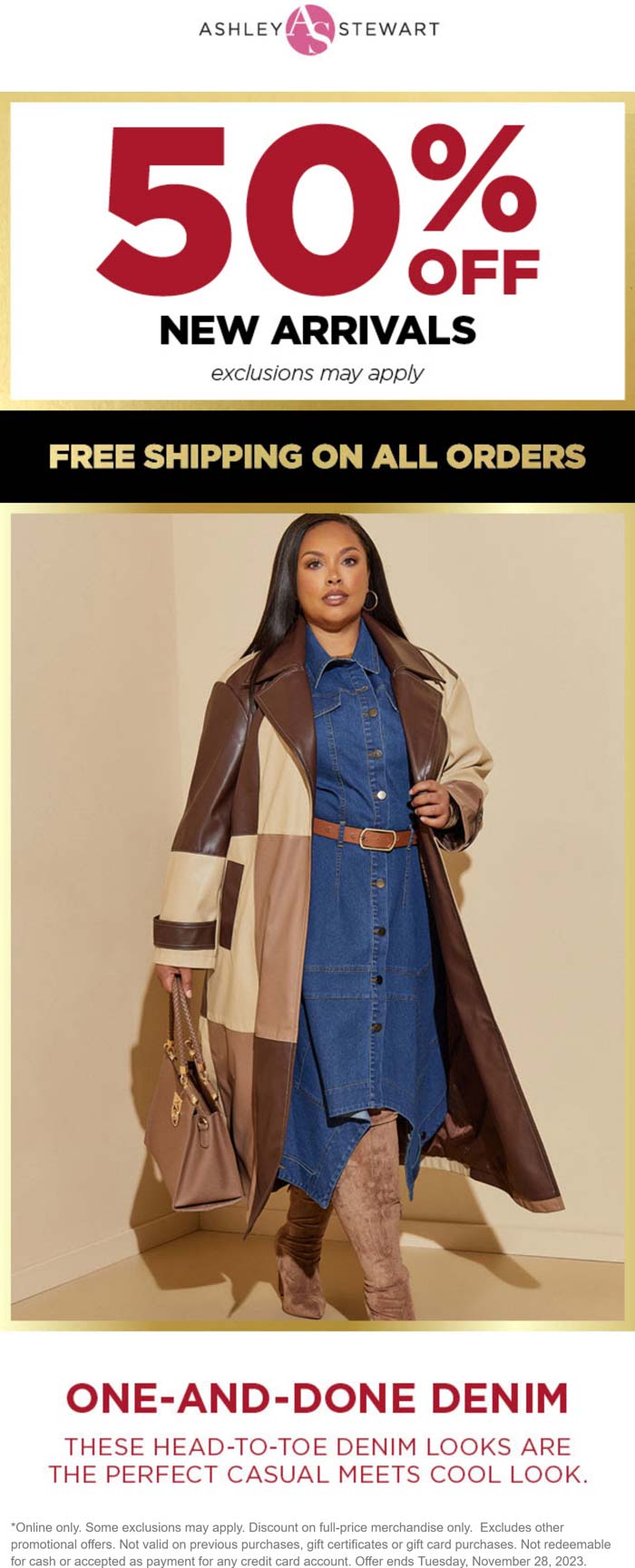 Ashley Stewart stores Coupon  50% off new arrivals + free shipping today at Ashley Stewart #ashleystewart 