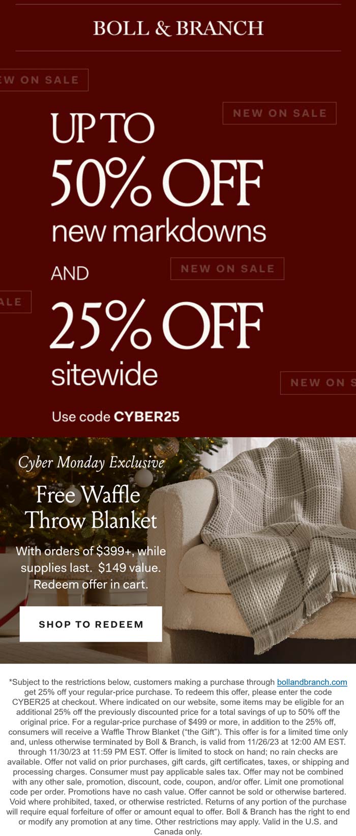 25% off everything + free waffle blanket on $400 at Boll & Branch via promo code CYBER25 #bollbranch