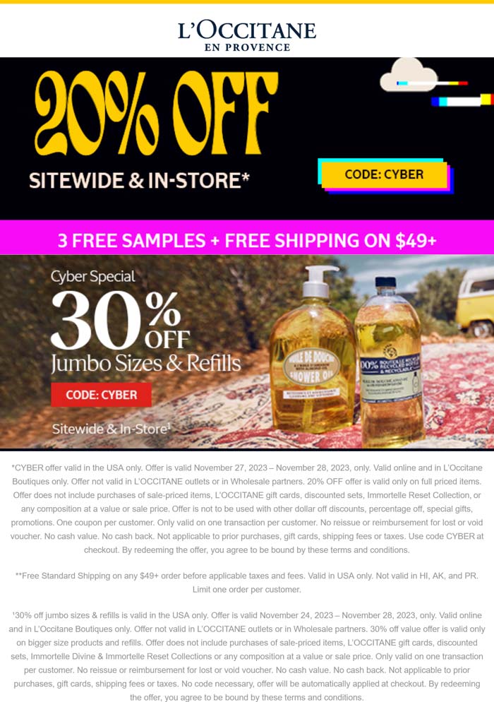LOccitane stores Coupon  20% off everything & 30% off jumbo sizes today at LOccitane, or online via promo code CYBER #loccitane 