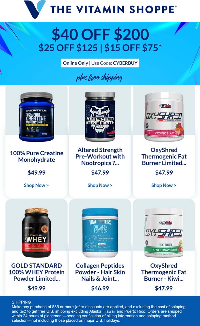 The Vitamin Shoppe stores Coupon  $15-$40 off $75+ today at The Vitamin Shoppe via promo code CYBERBUY #thevitaminshoppe 
