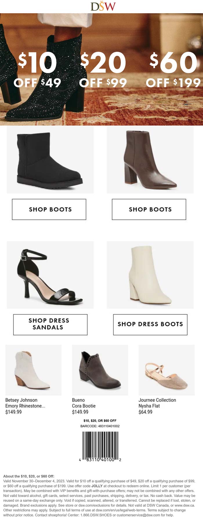 DSW stores Coupon  $10-$60 off $49+ at DSW shoes, or online via promo code JOLLY #dsw 