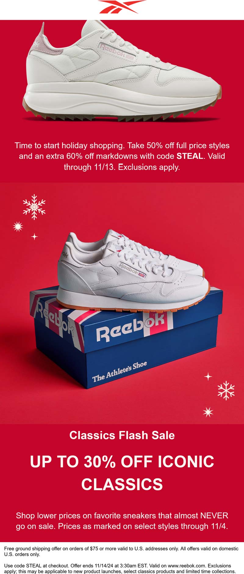 Reebok stores Coupon  50% off regular & extra 60% off sale items at Reebok via promo code STEAL #reebok 