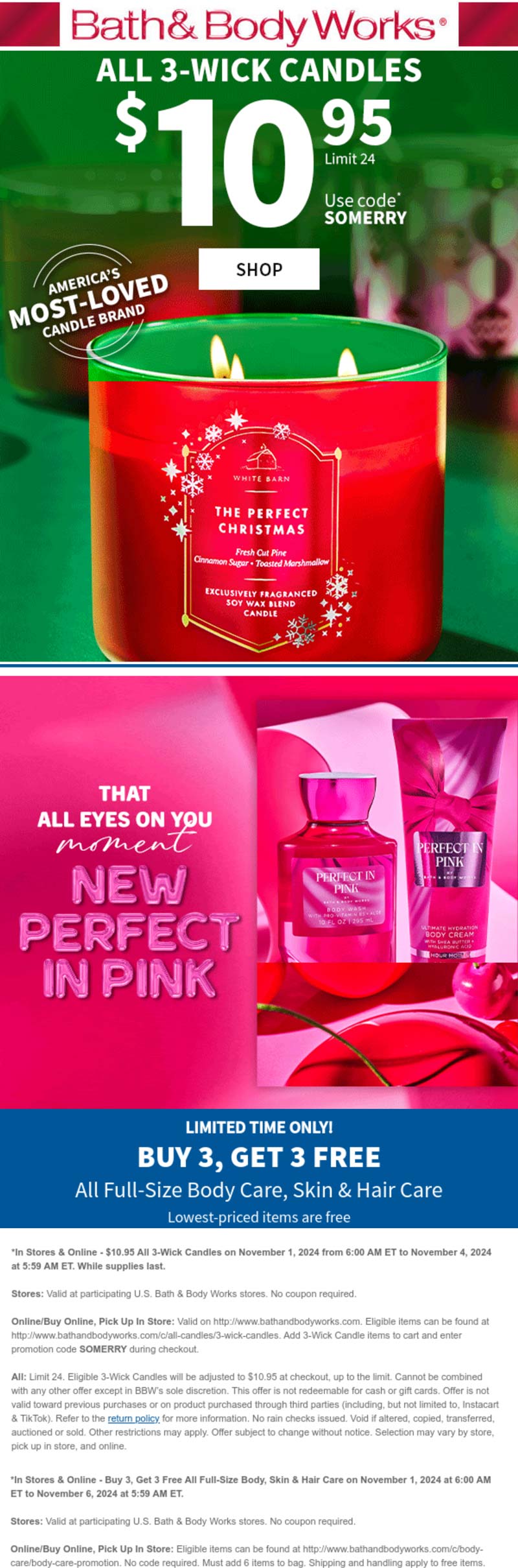 Bath & Body Works stores Coupon  All 3-wick candles = $11 + 6-for-3 on body care at Bath & Body Works #bathbodyworks 