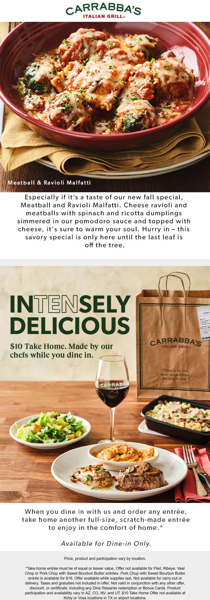 Carrabbas restaurants Coupon  $10 take home entree at Carrabbas Italian Grill #carrabbas 