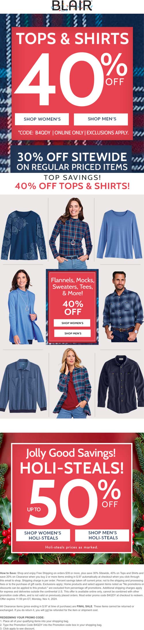 Blair stores Coupon  30% off everything & more at Blair via promo code B4QDY #blair 