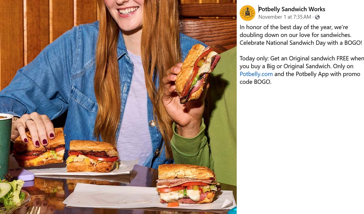 Potbelly restaurants Coupon  Second sandwich free today at Potbelly via promo code BOGO #potbelly 