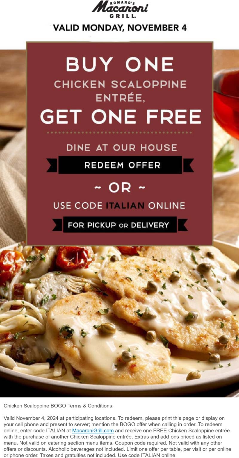 Macaroni Grill restaurants Coupon  Second chicken scaloppine entree free today at Macaroni Grill #macaronigrill 