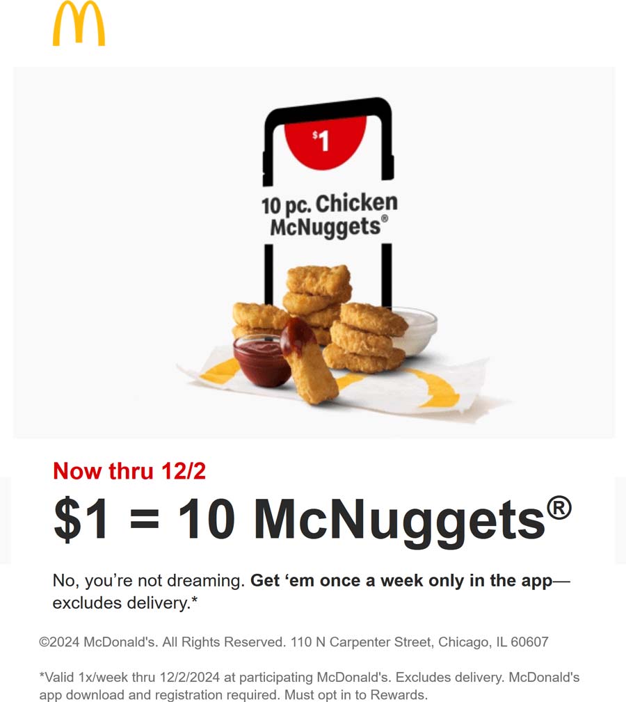 McDonalds restaurants Coupon  10pc chicken mcnuggets = $1 weekly at McDonalds #mcdonalds 