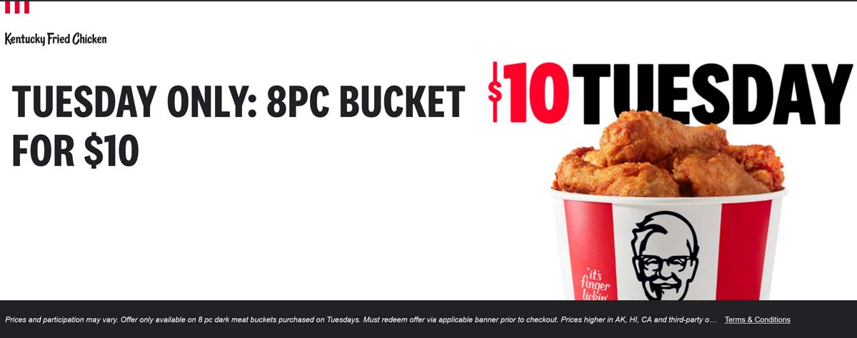 KFC restaurants Coupon  8pc bucket of chicken for $10 today at KFC #kfc 