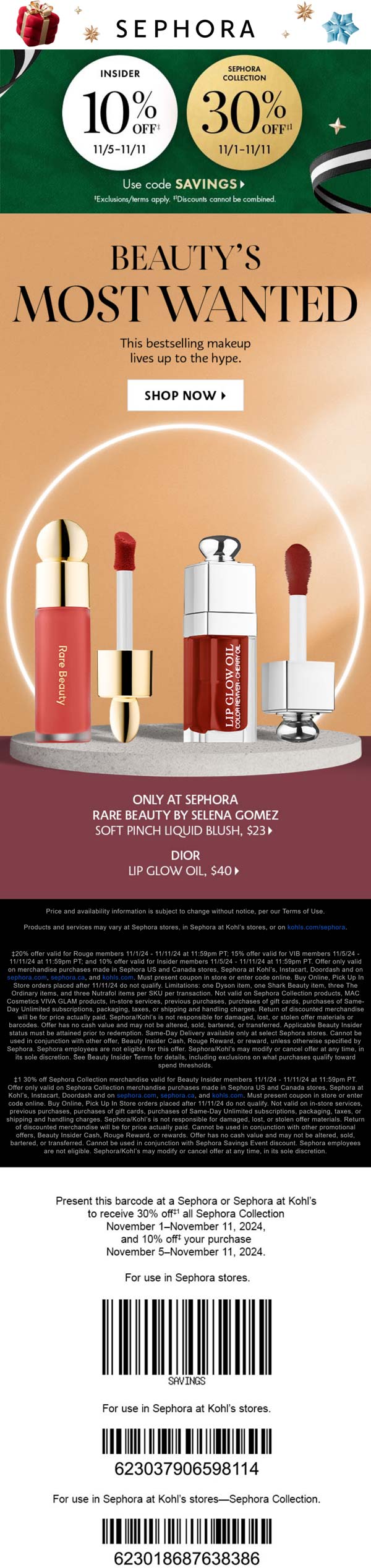 Sephora stores Coupon  10-30% off at Sephora via promo code SAVINGS #sephora 