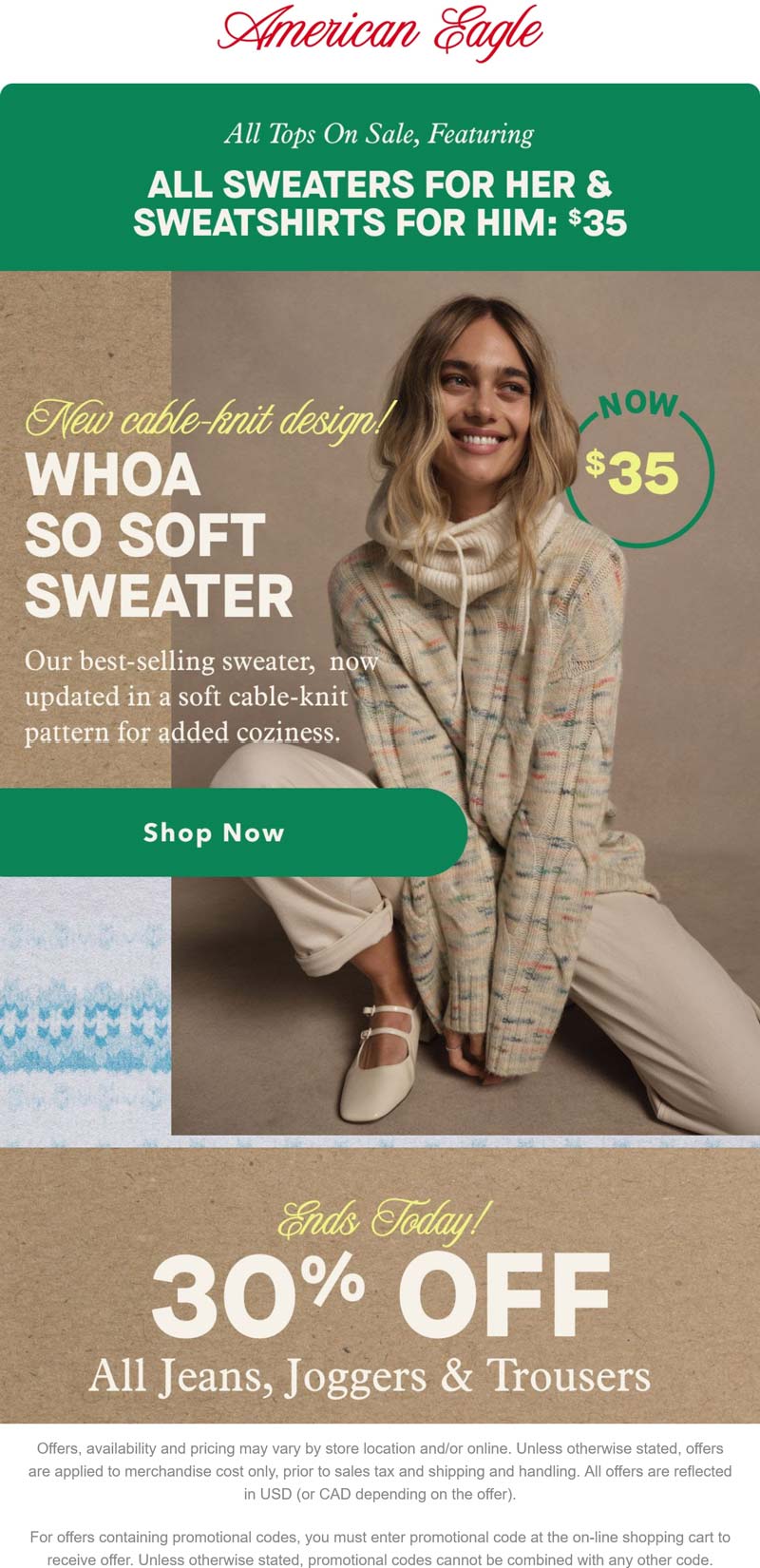 American Eagle stores Coupon  All sweaters & sweatshirts $35 at American Eagle #americaneagle 