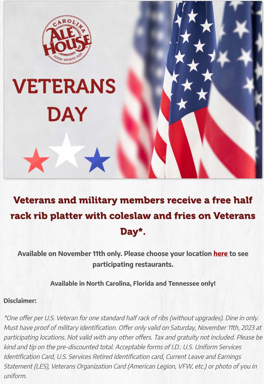 Carolina Ale House restaurants Coupon  Free rib platter for veterans and military Monday at Carolina Ale House restaurants #carolinaalehouse 