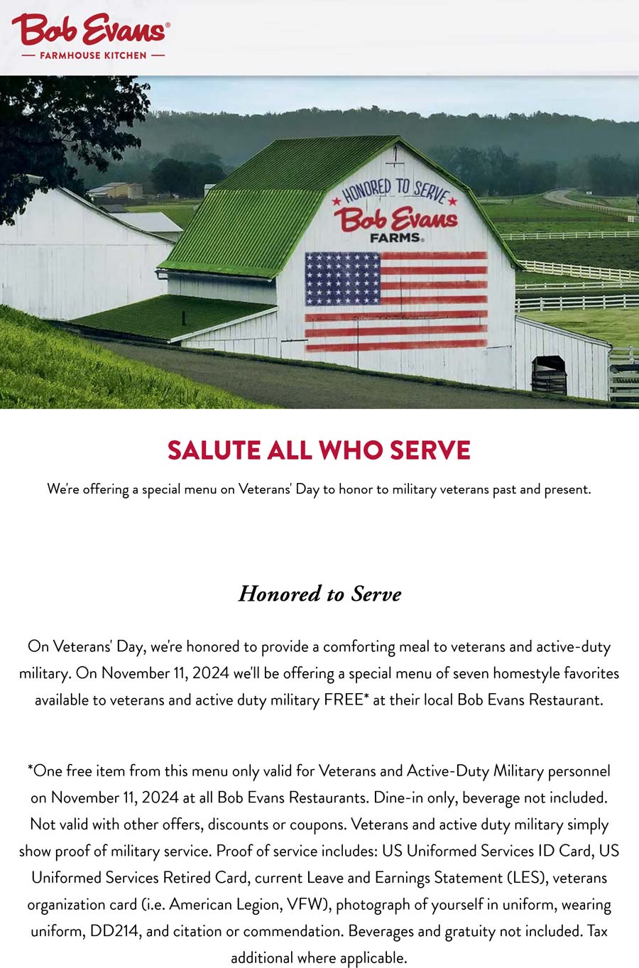 Bob Evans restaurants Coupon  Veterans & active duty enjoy a free entree Monday at Bob Evans #bobevans 