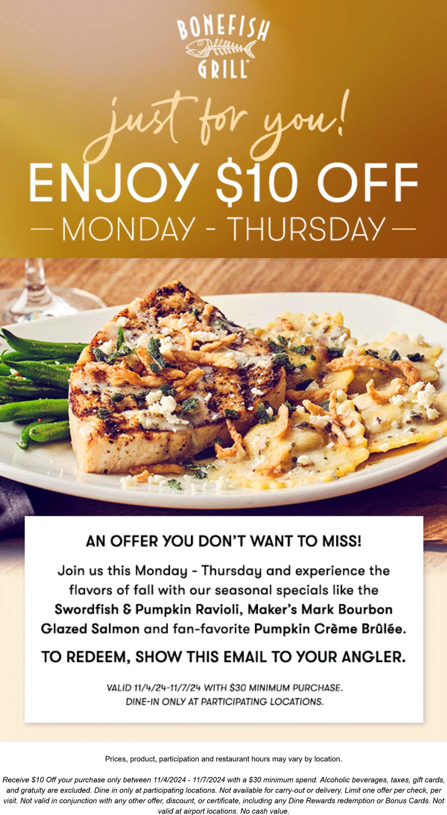 Bonefish Grill restaurants Coupon  $10 off $30 at Bonefish Grill restaurants #bonefishgrill 