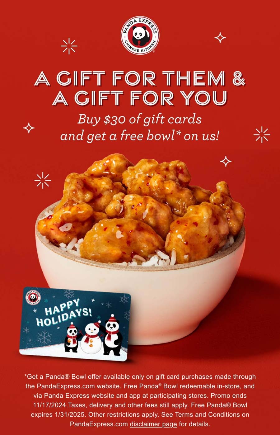 Panda Express restaurants Coupon  Free bowl on $30 gift cards at Panda Express restaurants #pandaexpress 