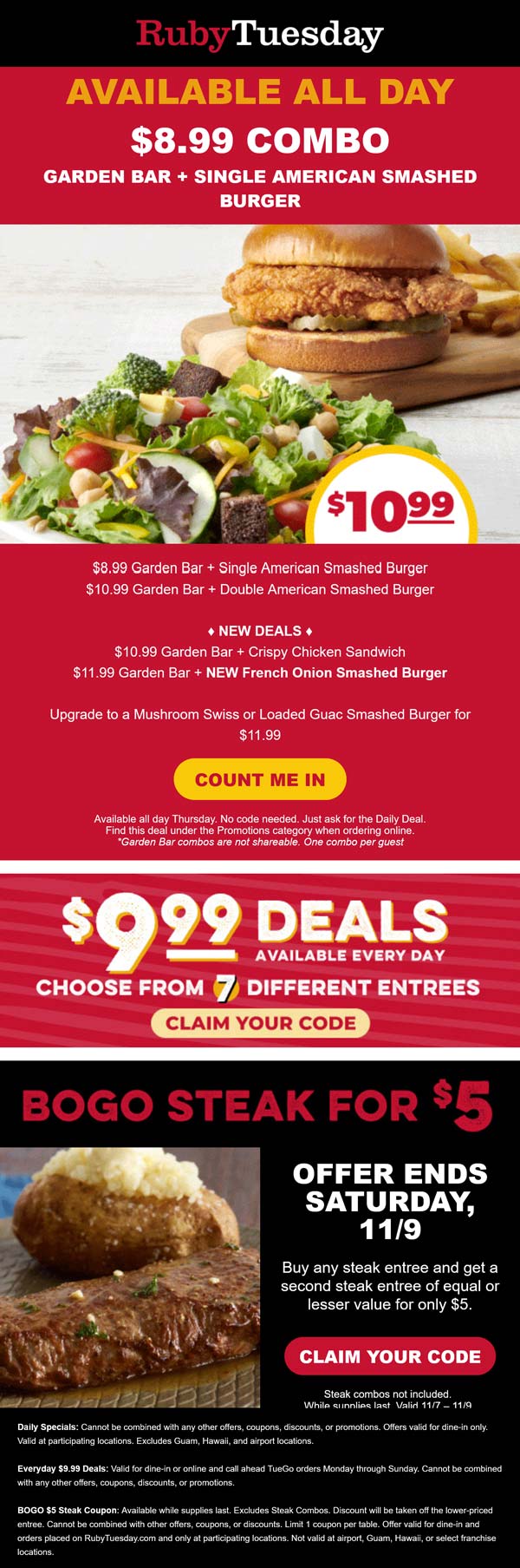 Ruby Tuesday restaurants Coupon  Burger + garden bar = $9 & more today at Ruby Tuesday restaurants #rubytuesday 