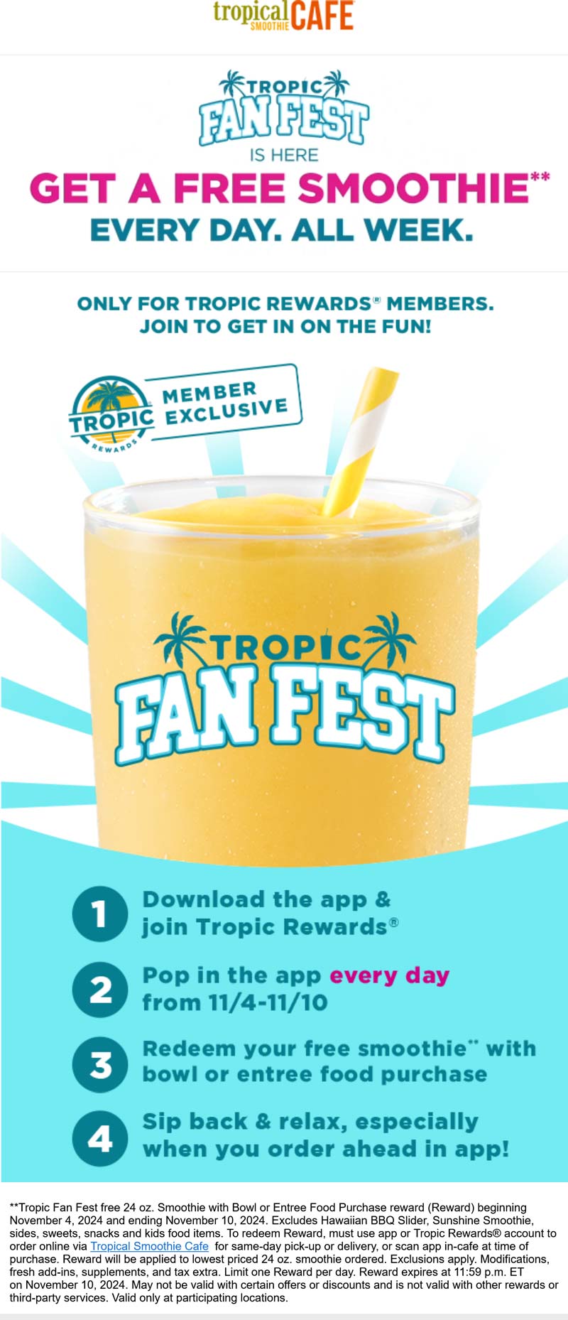 Tropical Smoothie Cafe restaurants Coupon  Free smoothie wtih your entree via mobile daily at Tropical Smoothie Cafe #tropicalsmoothiecafe 