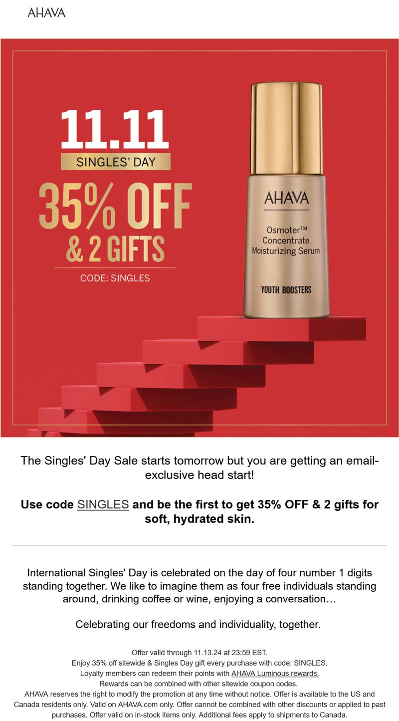 AHAVA stores Coupon  35% off everything + free gift at AHAVA via promo code SINGLES #ahava 