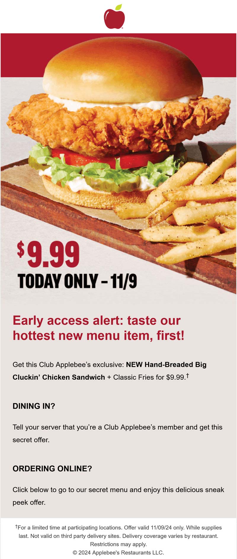 Applebees restaurants Coupon  $10 chicken sandwich today at Applebees #applebees 