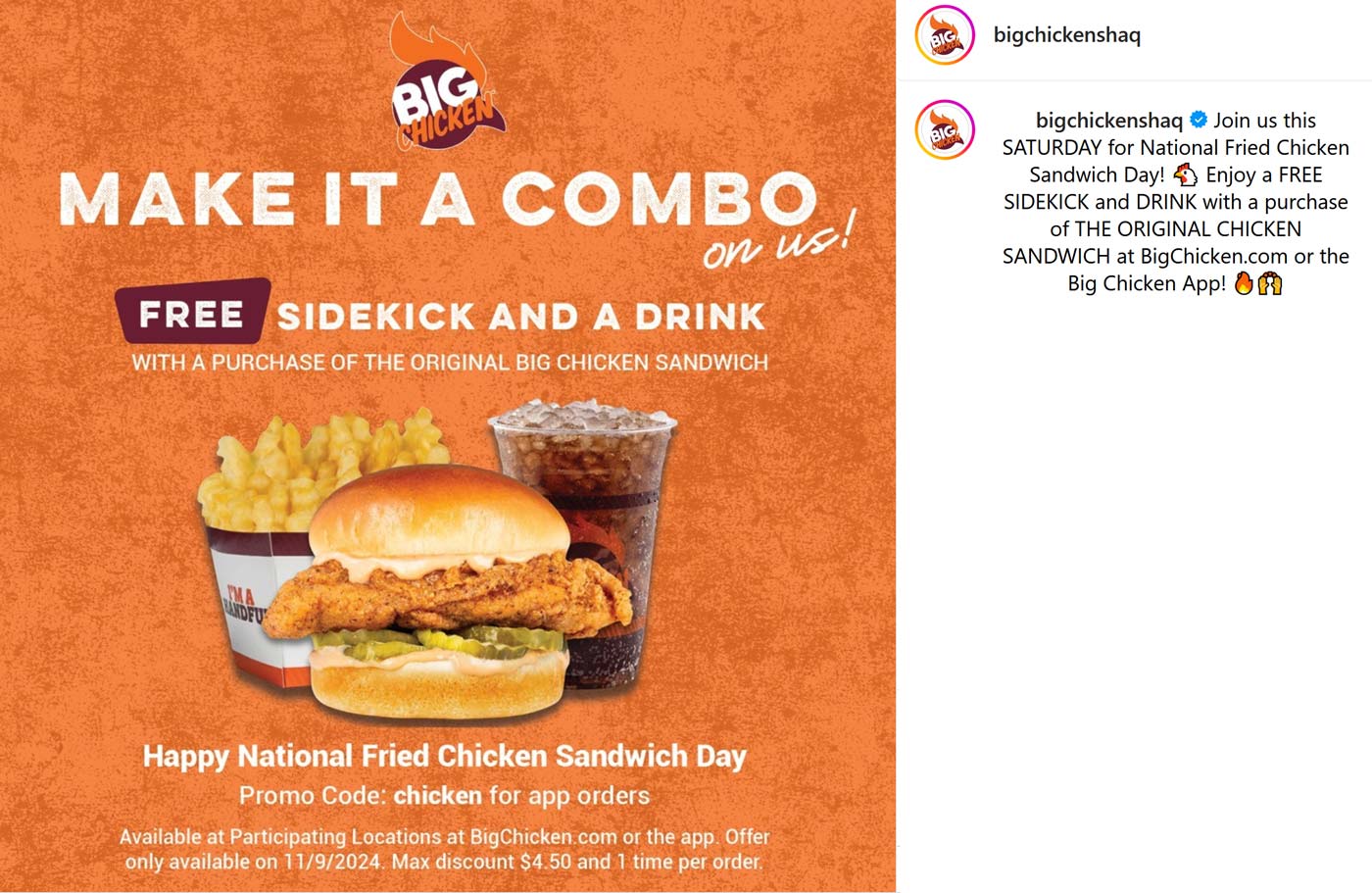 Big Chicken restaurants Coupon  Free side & drink with your chicken sandwich today at Big Chicken #bigchicken 