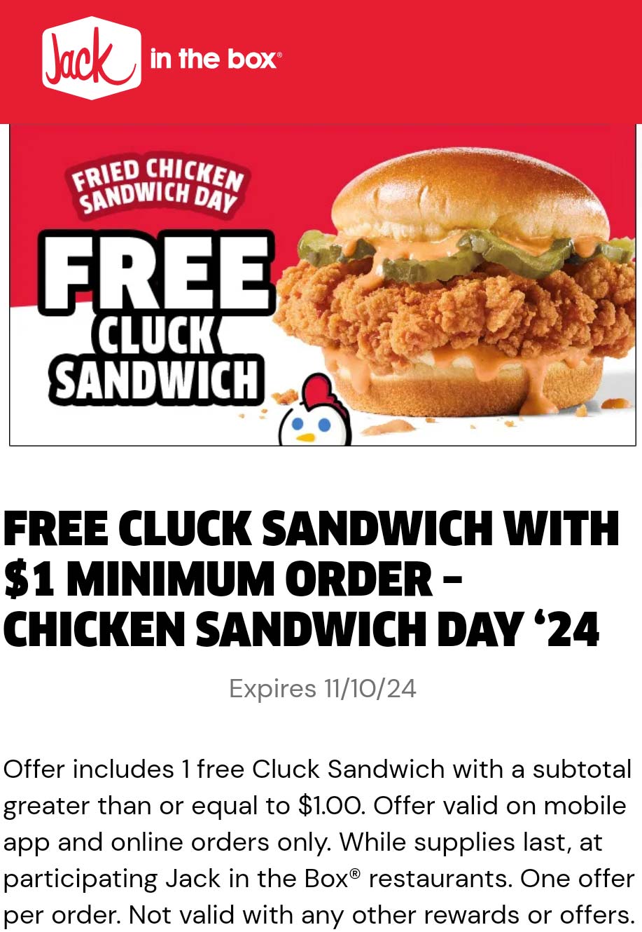 Jack in the Box restaurants Coupon  Free chicken sandwich on $1 today via mobile at Jack in the Box #jackinthebox 