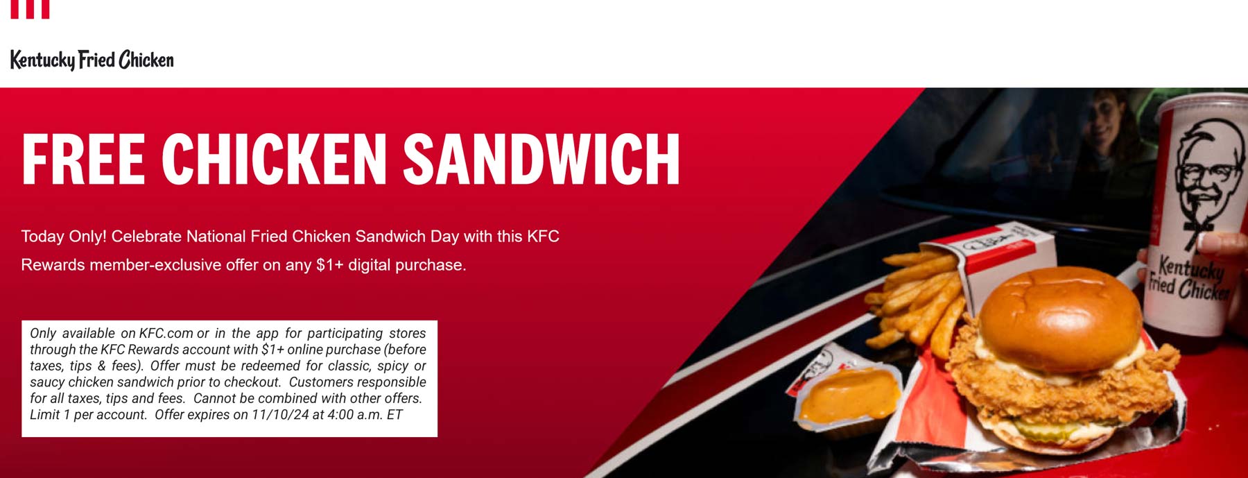 KFC restaurants Coupon  Free chicken sandwich on $1 today at KFC #kfc 