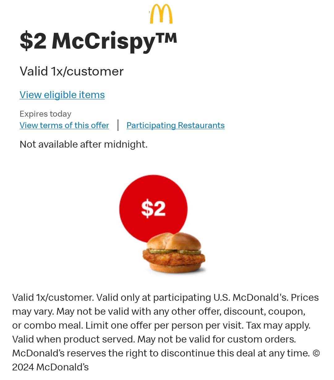 McDonalds restaurants Coupon  $2 chicken sandwich today at McDonalds #mcdonalds 