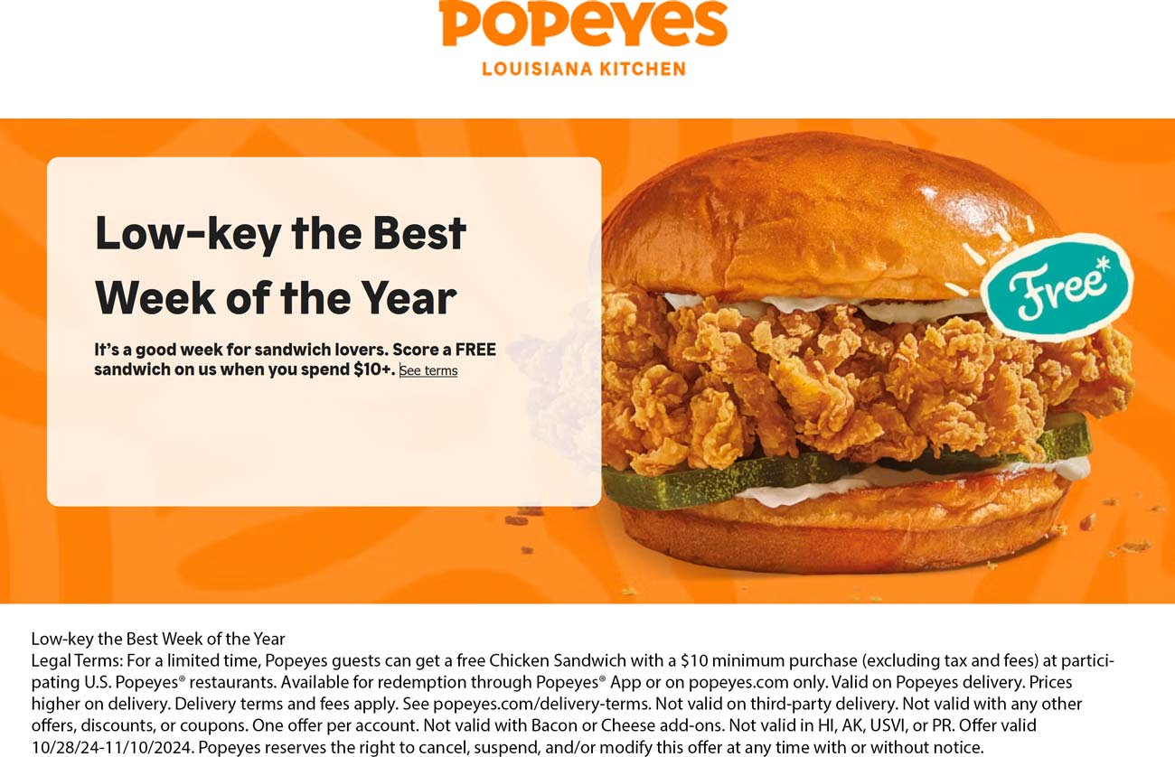 Popeyes restaurants Coupon  Free chicken sandwich on $10 at Popeyes #popeyes 