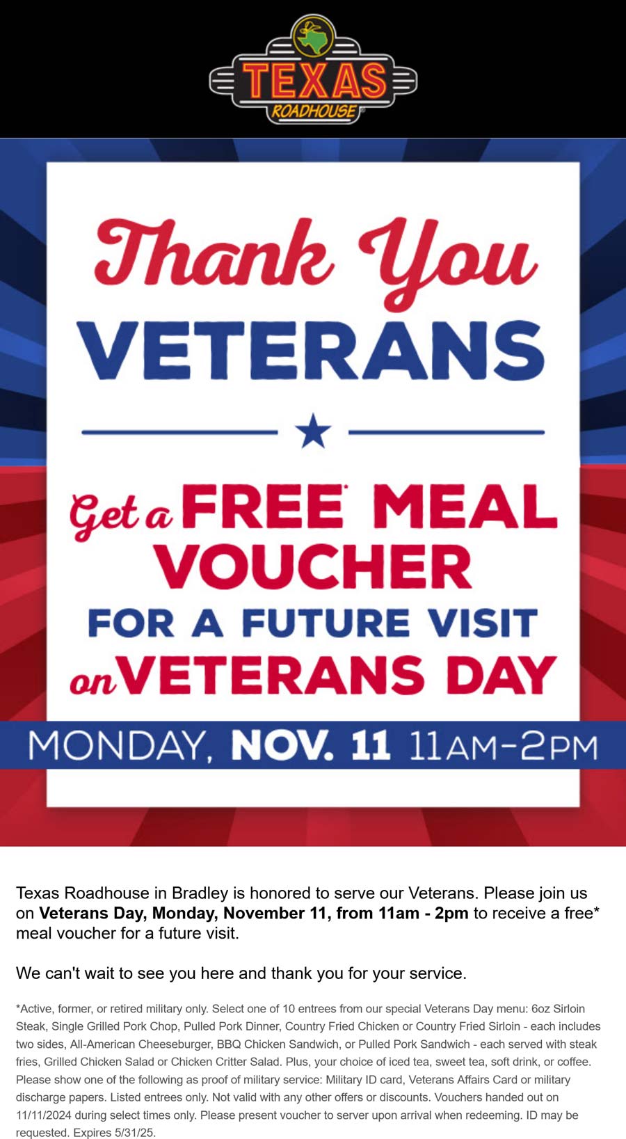 Texas Roadhouse restaurants Coupon  Veterans enjoy a free meal voucher Monday at Texas Roadhouse #texasroadhouse 