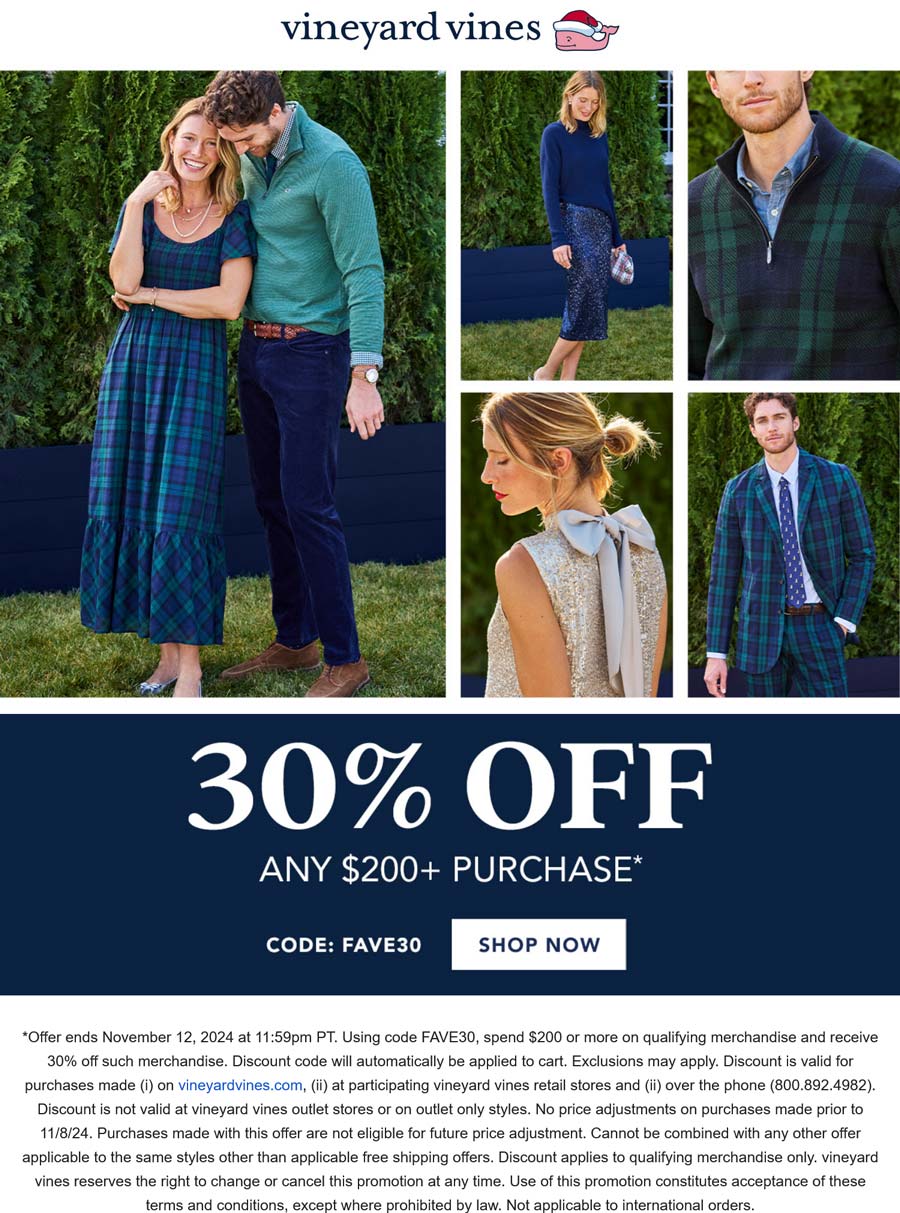 Vineyard Vines stores Coupon  30% off $200 at Vineyard Vines via promo code FAVE30 #vineyardvines 